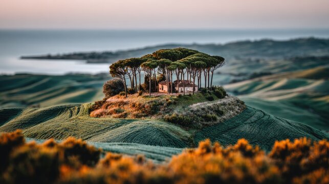 Coastal hilltop farmhouse, surrounded by trees and rolling hills - Powered by Adobe