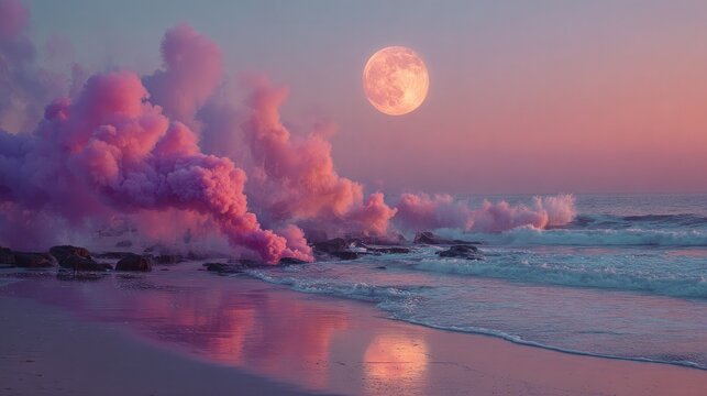 Pink smoke billows over beach at sunset. Large moon