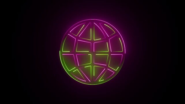 Glowing neon icon of a globe or world grid on a black background animation.