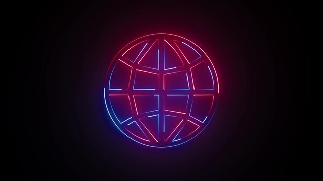 Glowing neon icon of a globe or world grid on a black background animation.