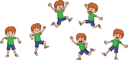 Cartoon boy character jumping, running, standing, various poses, energetic child, active kids illustration, playful boy vector, isolated white background