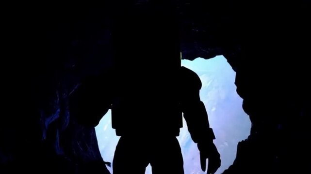 Silhouette of astronaut in spacesuit jumping across narrow crater &mdash; shadow moves clearly across bottom and walls