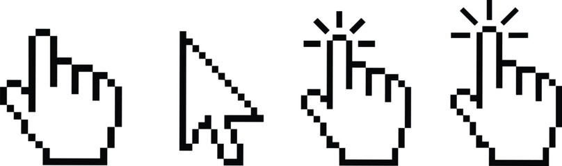 Obraz premium Pixel mouse cursor and hand pointer vector icons, digital click symbols, computer navigation design elements for web, apps, and UI