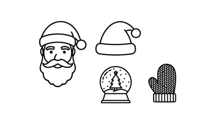 Vector illustration of christmas icons including santa claus face, hat, snow globe, and mitten