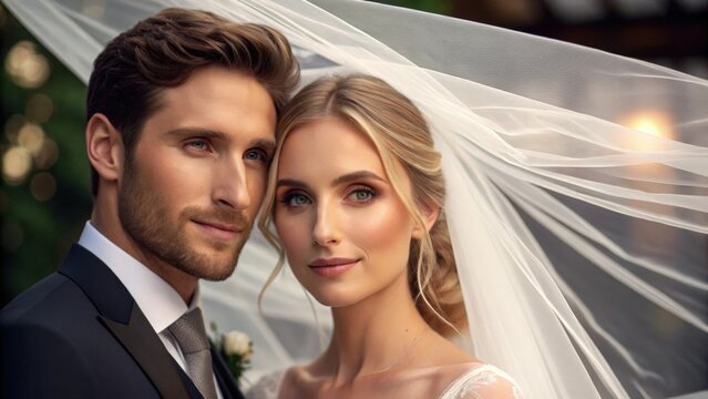 Minimalist wedding style, A romantic portrait of a bride and groom, showcasing love and elegance, with soft lighting and a delicate veil enhancing the moment.