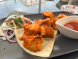 Poultry Shish Kebab, Barbecue Shashlik with Thin Pita Bread and Fresh Vegetables