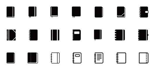 A collection of different notebook and journal icons in vector format, representing stationery and office supplies.