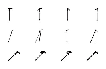 A set of various hiking and trekking pole icons in vector format, representing outdoor and sport activities.