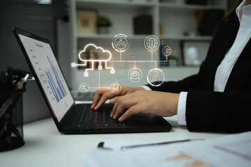 Cloud technology concept with digital storage, networking, and analytics interface in modern...