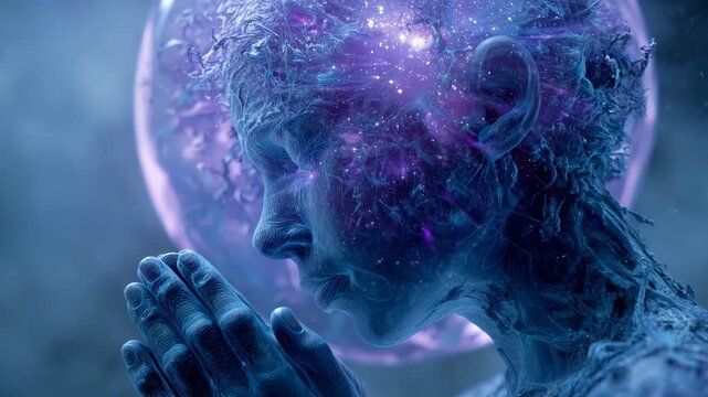 Exploring the connection between consciousness and the cosmos through an ethereal figure in deep contemplation