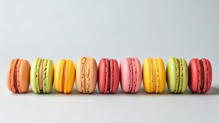Minimalist wedding style, A colorful arrangement of macarons in various flavors, showcasing a delightful array of pastel colors and smooth textures, perfect for dessert lovers.