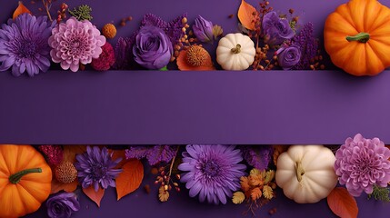 autumn flowers pumpkins and leaves arranged on purple background