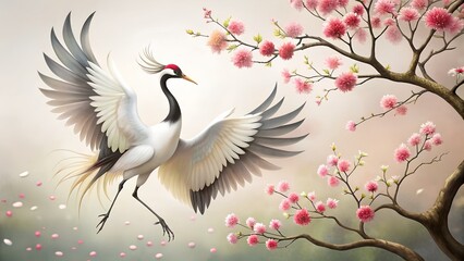 Obraz premium Elegant Red Crowned Crane with Blossoming Cherry Tree in a Serene Landscape