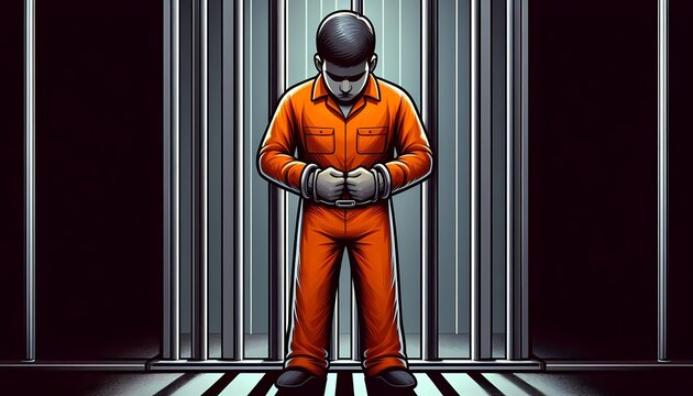Depiction of a prisoner standing behind bars in a penitentiary cell