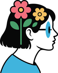 Woman with flowers growing from head symbolizing creativity and new ideas in a modern 