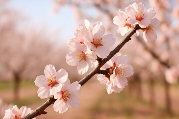 Obraz premium Delicate pink cherry blossoms blooming on tree branch in orchard during springtime, symbolizing renewal and beauty in nature