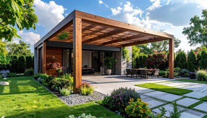 Wooden pergola covering the entrance of a modern house with beautiful garden