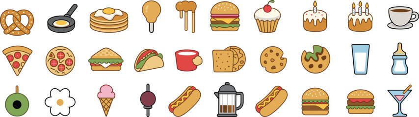 Food and drink vector icons including burgers, pizza, hotdog, cake, coffee, cookies, sandwich, taco, pretzel, milk, cocktails, snacks