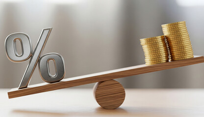 Percentage sign balancing on a scale with stacks of coins