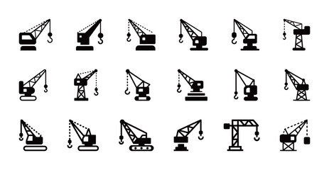 A collection of various crane icons in vector format, representing construction, industry, and building.