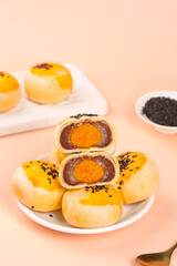 Asian Egg Custard Pastries with Black Sesame Seeds Traditional Handmade Dessert Snacks
