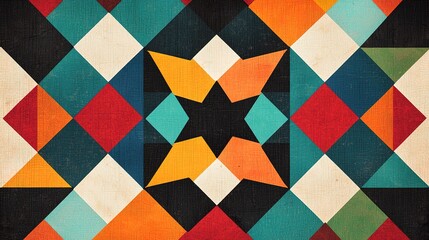 Fototapeta premium A vibrant geometric pattern featuring colorful shapes, including stars and diamonds, arranged in a visually striking design.
