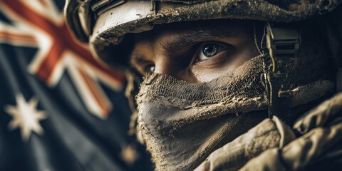 A battle-worn soldier gazes intently, the Australian flag reflecting in his determined eyes. The image conveys resilience, duty, and the weight of service.