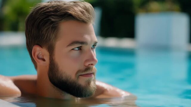 A man with a beard is in a pool. He is smiling and looking at the camera. Scene is relaxed and happy