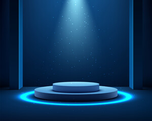 futuristic technology stage background with glowing circular 3d podium in dark blue room under spotlight for product display award presentation mockup showroom and digital showcase