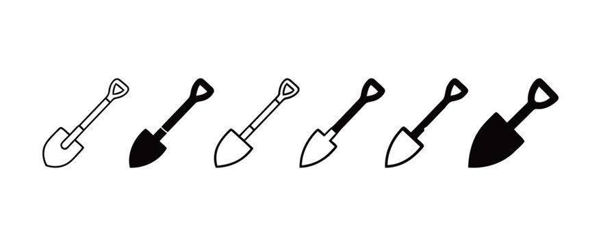 A set of diverse spade and shovel icons in vector format, representing gardening, construction, and tools.