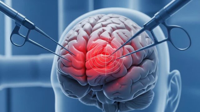 Brain surgery illustration with surgical tools targeting a specific brain region for medical treatment and neurological health