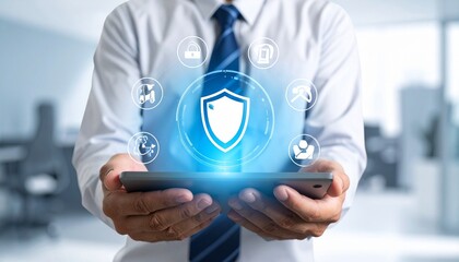 Business user with tablet and digital shield — cybersecurity icons orbiting trust in a sleek corporate interface.