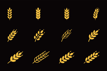 A set of various wheat and grain icons on a black background, representing agriculture and food production.