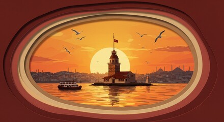 Maiden's Tower Silhouette: The iconic silhouette of the Maiden's Tower rises majestically against a breathtaking sunset over a tranquil sea, a symbol of cultural heritage and historical grandeur.