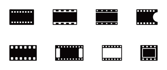 A set of various film strip and movie reel icons in vector format, representing cinema and media.