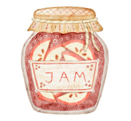 Digital watercolor illustration of a homemade jam jar, perfect for kitchen and food-related projects.