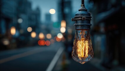 Vintage Edison bulb hangs over city street at twilight