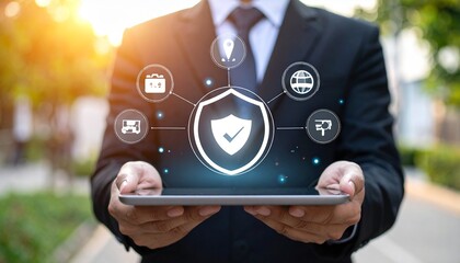 Business user with tablet and digital shield — cybersecurity icons orbiting trust in a sleek corporate interface.