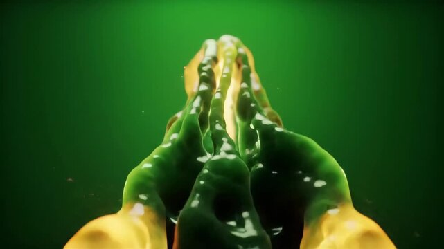 Dynamic Green And Yellow Fluid Motion Graphic With Abstract Shapes On Dark Green Backdrop