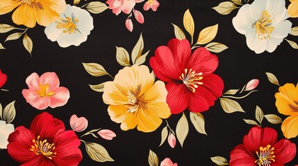A vibrant floral pattern featuring red, yellow, white, and pink flowers against a black background, showcasing detailed petals and leaves.