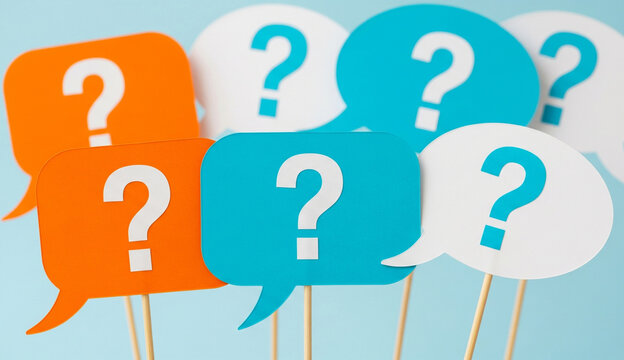 Colorful speech bubbles with question marks symbolizing inquiry, doubt, and communication - Powered by Adobe