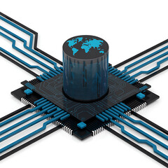 Futuristic microchip with world map and glowing blue data streams computer chip processor