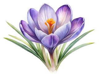 Obraz premium Watercolor flower watercolor painting of a purple and white crocus flower with green leaves isolated on white background