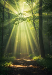 Obraz premium Enchanting Forest Path Sunlight Streaming Through Trees - Nature, Serene Landscape, Trail.