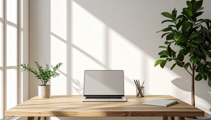 Fototapeta premium Minimalist Workspace with Laptop and Sunlight