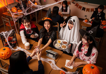 Four Japanese High School Girls Enjoying a Halloween Party in a Classroom at School Festival