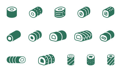 A set of green sushi roll icons, different styles of maki and futomaki silhouettes on a white background © Zhangxiao