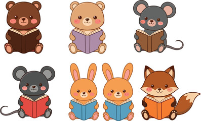Cute cartoon animals reading books, bear, mouse, rabbit, fox, kids education, storytime, learning, children’s illustration, adorable characters