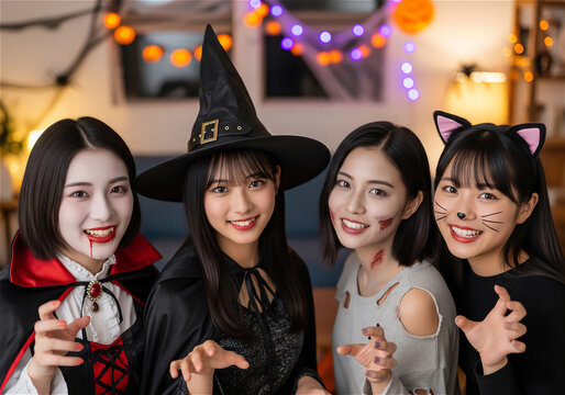 Four Japanese High School Girls Enjoying a Halloween Party at Home