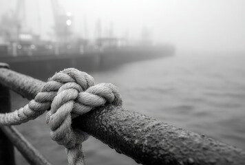 Close-up of a nautical knot on a metal railing, foggy harbor background